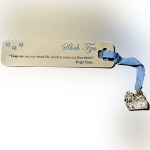 💥Shih Tzu Bookmark Blue Ribbon Pendant Paw Print Dog Pet Quote Metal
